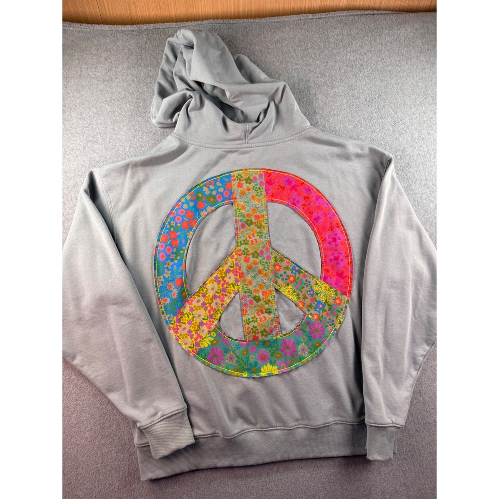 Natural Life Grey Floral Peace Sign Patchwork Full Zip Hoodie Neon Pink L/XL
